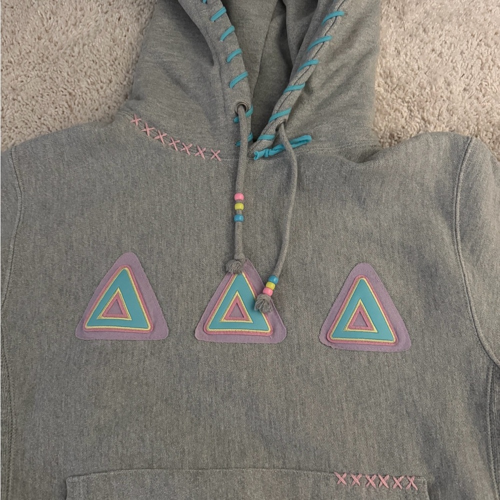 Champion Gray Hoodie with Purple & Teal Triangle Accents